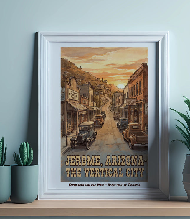 Jerome, Arizona - The Vertical City vintage poster with old cars and buildings.