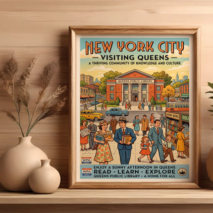 Vintage New York City poster advertising Queens Public Library with WPA art.