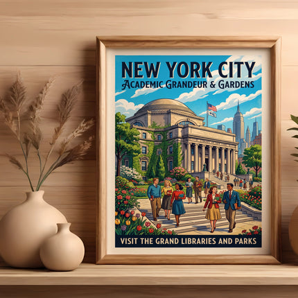 New York City poster depicting academic buildings and gardens, with text.