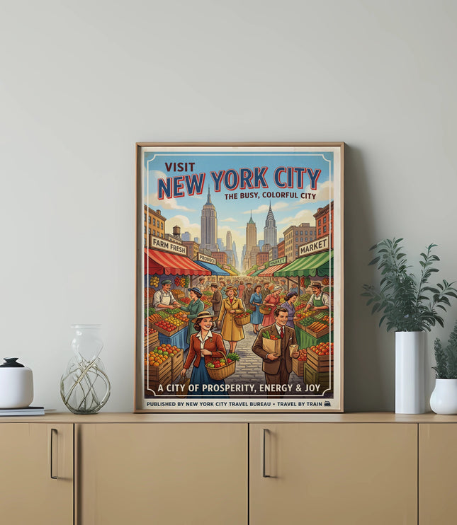 Vintage New York City travel poster depicting a busy street market with produce stands and skyscrapers.