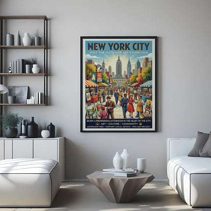 New York City Outdoor Art Exhibition poster with city skyline and crowds.