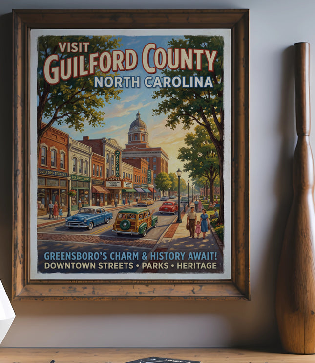 Vintage poster of Guilford County, North Carolina, with downtown street scene.
