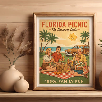 Retro framed artwork depicting a family picnic on a sunny Florida beach with a vintage car.