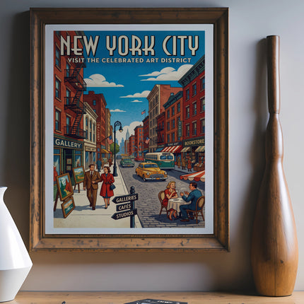 New York City art district poster showing street scene with galleries, cafes, and studios.