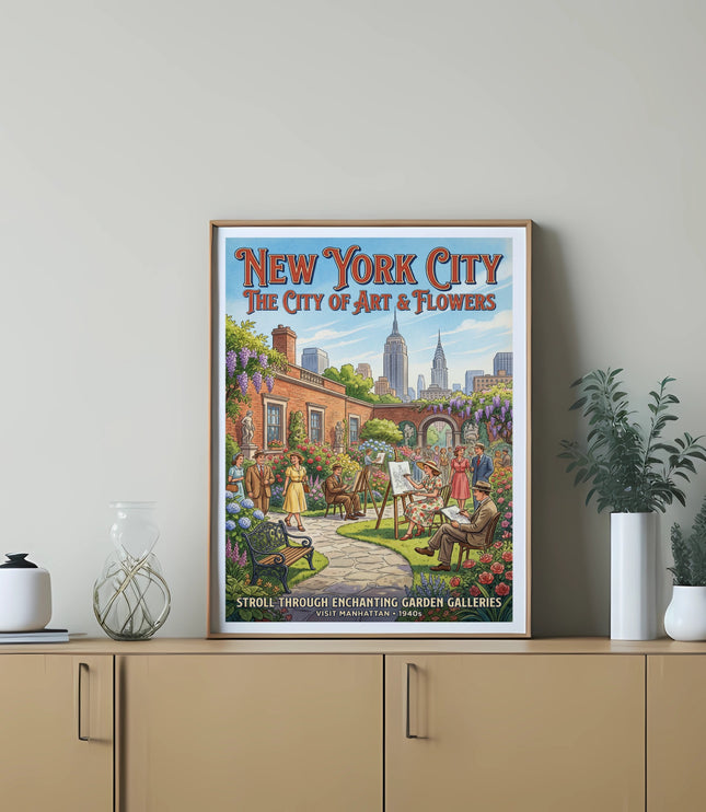 New York City poster: The City of Art & Flowers, garden galleries, 1940s.