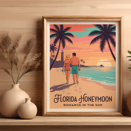 Vintage poster of couple walking on beach during Florida honeymoon at sunset.