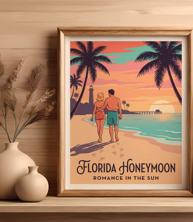 Vintage poster of couple walking on beach during Florida honeymoon at sunset.
