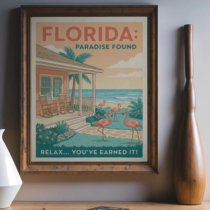 Vintage travel poster for Florida featuring flamingos, beach, and text "Florida: Paradise Found".