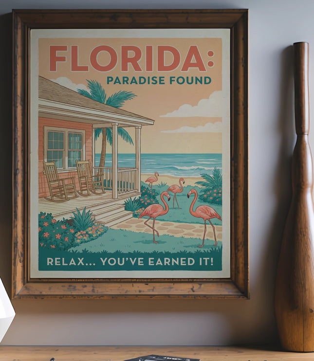 Vintage travel poster for Florida featuring flamingos, beach, and text "Florida: Paradise Found".