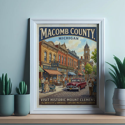 Vintage poster of Macomb County, Michigan, depicting a street scene with buildings and people.