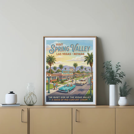 Vintage poster of Spring Valley, Las Vegas, Nevada, featuring a diner and classic cars.