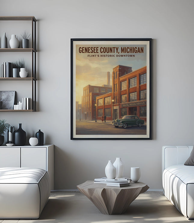 Genesee County, Michigan Flint's Historic Downtown poster featuring buildings and car.