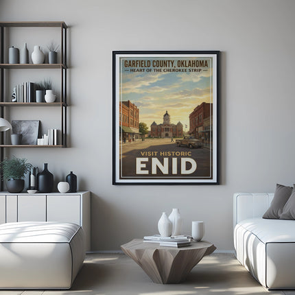 Vintage poster of Garfield County, Oklahoma, featuring Enid town square with a courthouse.