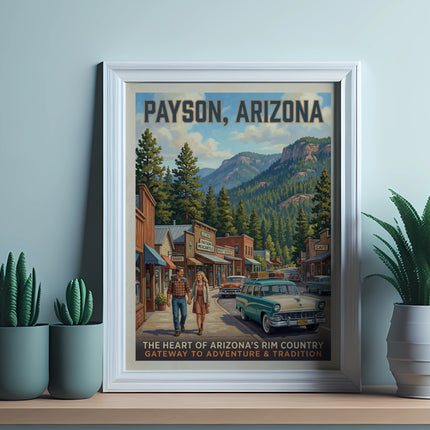 Payson, Arizona vintage travel poster showing a street scene with mountains.