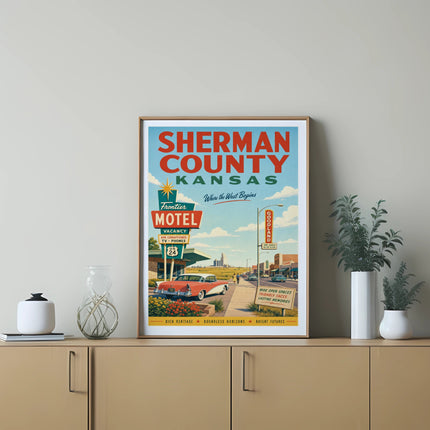 Sherman County, Kansas motel advertisement with vintage car and classic signage.