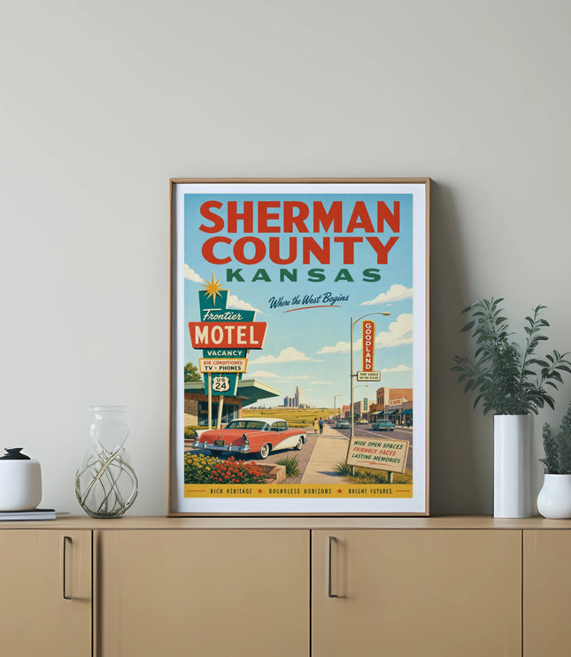 Sherman County, Kansas motel advertisement with vintage car and classic signage.