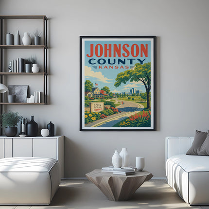 Vintage Johnson County, Kansas poster showing a stylized scene with a house and park.