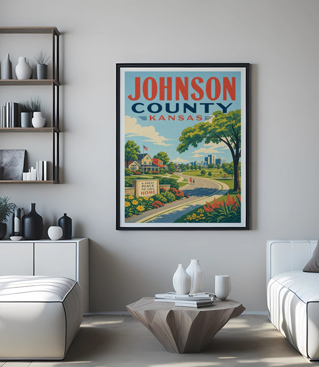 Vintage Johnson County, Kansas poster showing a stylized scene with a house and park.
