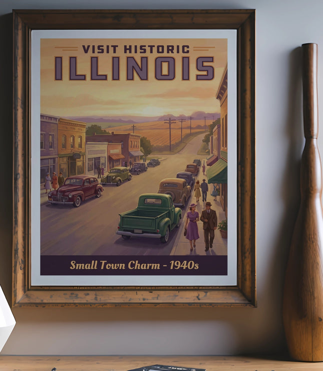 Framed poster of "Visit Historic Illinois Small Town Charm - 1940s" at sunset.