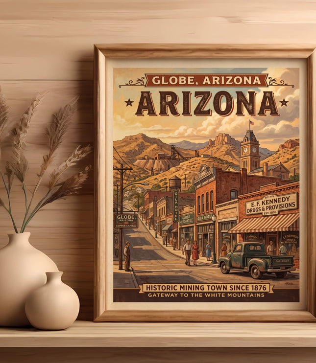Vintage Arizona poster of Globe, historic mining town, with buildings, mountains, and text.