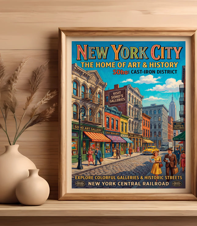 New York City poster: Soho Cast-Iron District, art galleries, historic streets.