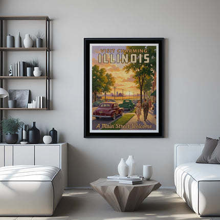 Vintage "Visit charming Illinois" travel poster with couple on sidewalk.