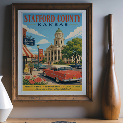 Stafford County Kansas vintage poster with cars and town scene.