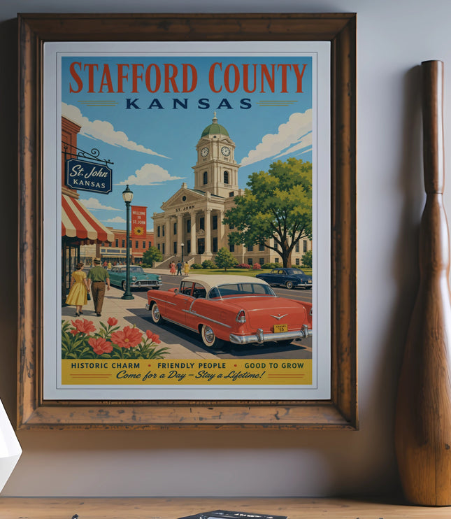 Stafford County Kansas vintage poster with cars and town scene.