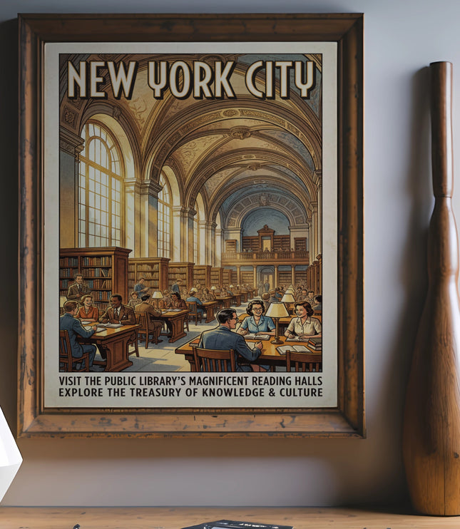 New York City poster depicting the public library's reading halls.