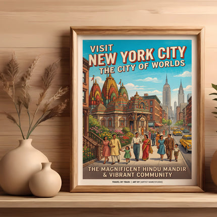New York City poster featuring the Hindu Mandir and skyline.