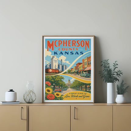 McPherson County, Kansas vintage travel poster with grain elevator and town scene.