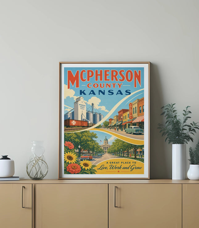 McPherson County, Kansas vintage travel poster with grain elevator and town scene.