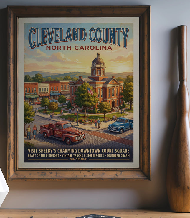 Vintage poster of Cleveland County, North Carolina, featuring Shelby's downtown court square and vintage vehicles.