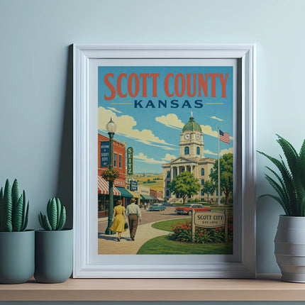 Scott County, Kansas framed poster with Scott City historic courthouse and downtown street scene.