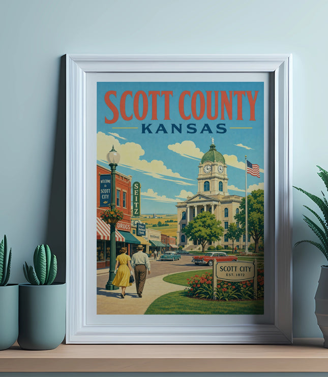 Scott County, Kansas framed poster with Scott City historic courthouse and downtown street scene.