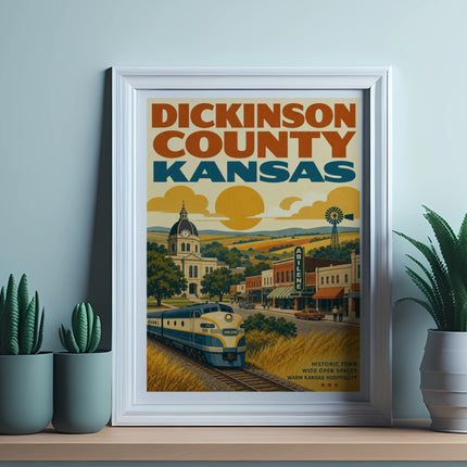 Dickinson County, Kansas vintage travel poster with train and buildings.