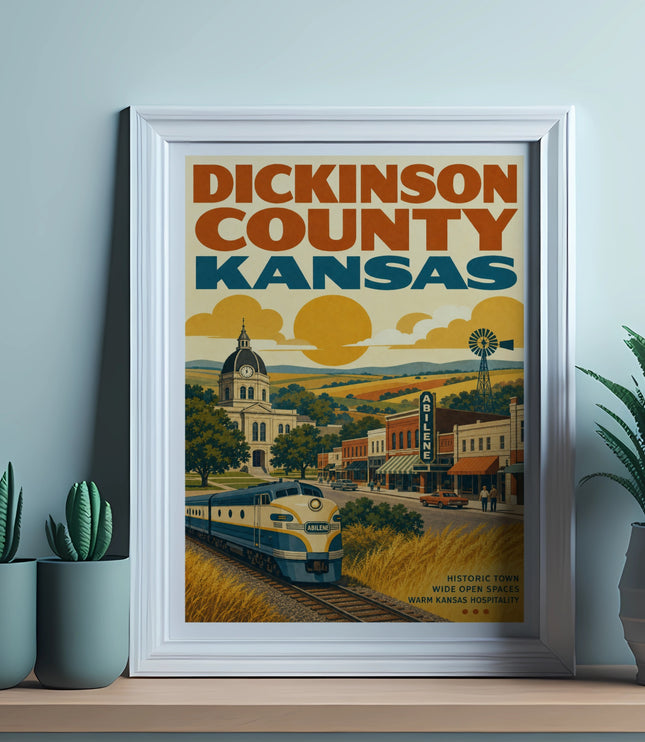Dickinson County, Kansas vintage travel poster with train and buildings.