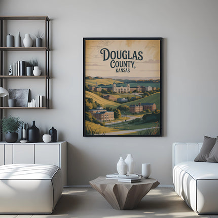 Vintage poster of Douglas County, Kansas with buildings and rolling hills.