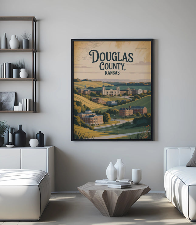 Vintage poster of Douglas County, Kansas with buildings and rolling hills.