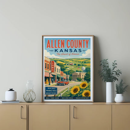 Allen County, Kansas poster with Iola town scene, sunflowers, and text.