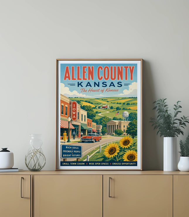 Allen County, Kansas poster with Iola town scene, sunflowers, and text.