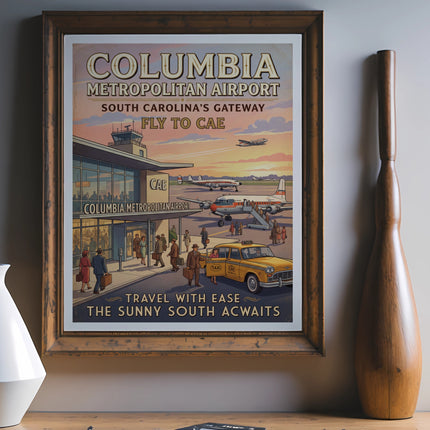 Vintage poster of Columbia Metropolitan Airport with planes, taxi, and people.
