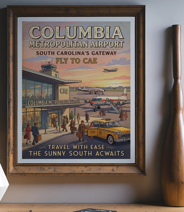 Vintage poster of Columbia Metropolitan Airport with planes, taxi, and people.