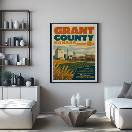 Grant County Kansas poster with farm and text.