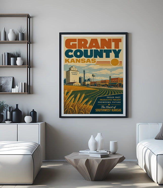 Grant County Kansas poster with farm and text.