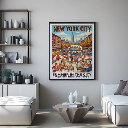 New York City street scene with "Sally's Ice Cream" sign and people enjoying a summer day.