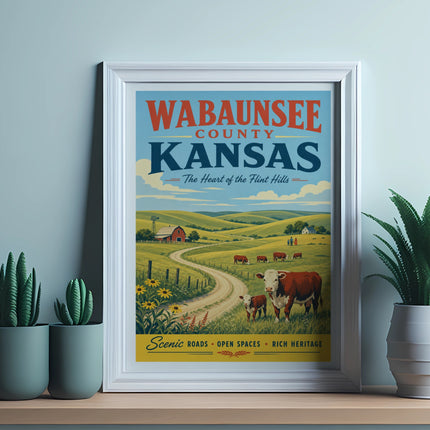 Wabaunsee County, Kansas poster with cows and rolling hills.