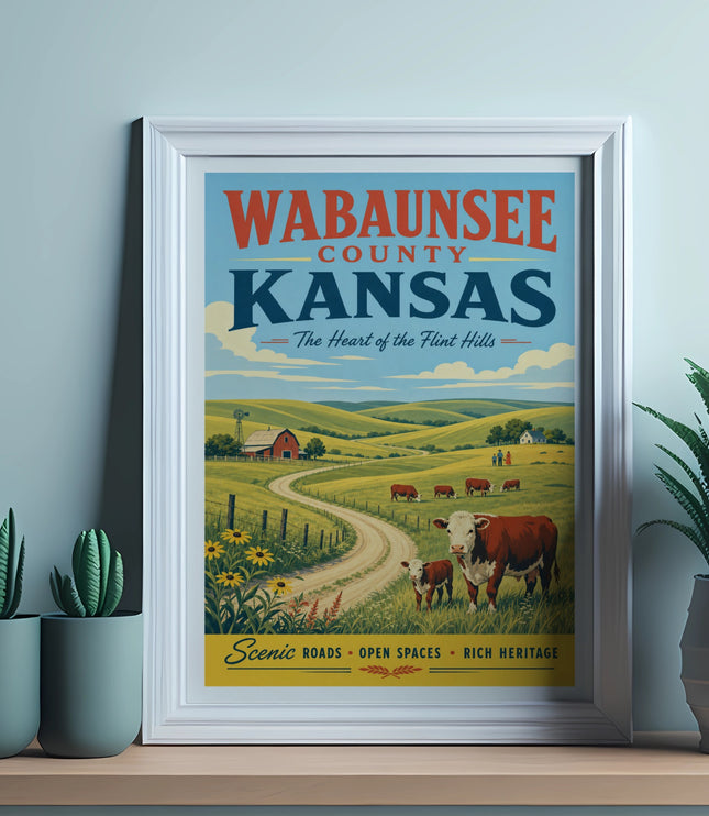 Wabaunsee County, Kansas poster with cows and rolling hills.