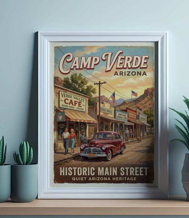 Camp Verde Arizona vintage travel poster depicts historic main street.