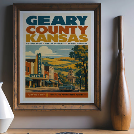 Geary County Kansas poster with Junction City illustration and text.